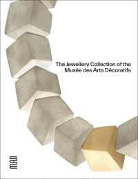 Necklace formed of grey and gold cubes, on white cover of 'The Jewellery Collection of the Musée des Arts Décoratifs', by Musée des Arts Décoratifs.