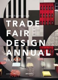 'Brand Experience & TRADE FAIR DESIGN ANNUAL 2022/23' in white font on cover of table of design products, by Avedition Gmbh.