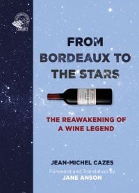 Bottle of Bordeaux on sky blue speckled cover of 'FROM BORDEAUX TO THE STARS', by Academie du Vin Library.