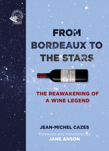 Bottle of Bordeaux on sky blue speckled cover of 'From Bordeaux to the Stars, The Reawakening of a Wine Legend', by Academie du Vin Library.
