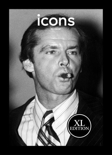 Jack Nicholson smoking a cigar, on black cover of 'Icons by Oscar', by Lannoo Publishers.