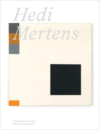 Abstract painting of black square on cream canvas, on white cover of 'Hedi Mertens' by Scheidegger & Spiess.