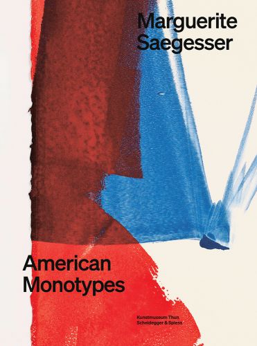 Blue and red abstract painting on white canvas, 'Marguerite Saegesser, American Monotypes', in black font.