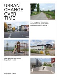 Photographs of urban landscape in Switzerland, play-area, residential area, on cover of 'Urban Change Over Time, The Photographic Observation of Schlieren 2005–2020 Reveals How Switzerland Is Changing', by Scheidegger & Spiess.