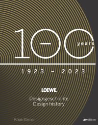 Bronze lines creating circle on black cover of 'Loewe. 100 Years Design History', by Avedition Gmbh.