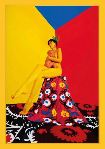 Nude female holding baby, sitting on plinth covered with brightly-colored floral rug, on cover of 'The Endless Coloured Ways', by Hannibal Books.