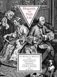 Plate 1, engraved and etched from 'Marriage a la Mode' painting by William Hogarth, 'Hogarth on High Life', in red, and black font to white triangle above.