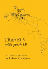 Sketch of building on mountain top, 'TRAVELS with pen & 2B' in black font to lower left of yellow cover.