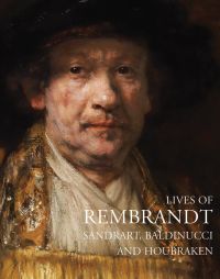 Self-portrait of Rembrandt, 'LIVES OF REMBRANDT', in white font below, by Pallas Athene.