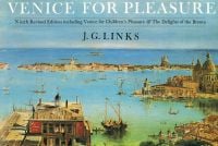 Landscape painting of Venice, 'VENICE FOR PLEASURE', in white font above, by Pallas Athene.