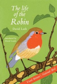 Red robin perched on tree branch, on cover 'The Life of the Robin', by Pallas Athene.