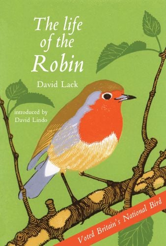 Red robin perched on tree branch, 'The Life of the Robin', in white font above, by Pallas Athene.