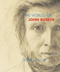 Sketch of John Ruskin on beige cover, 'THE WORLDS OF JOHN RUSKIN', in blue, and red font above, by Pallas Athene.