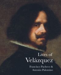 Self-portrait painting by Velázquez, with upturned moustache, 'Lives of Velázquez', in white font below, by Pallas Athene.