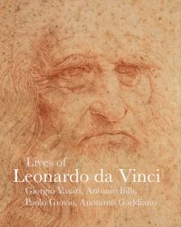 Portrait of a Man in Red Chalk, by Leonardo da Vinci, 'Lives of Leonardo da Vinci', in white font below, by Pallas Athene.