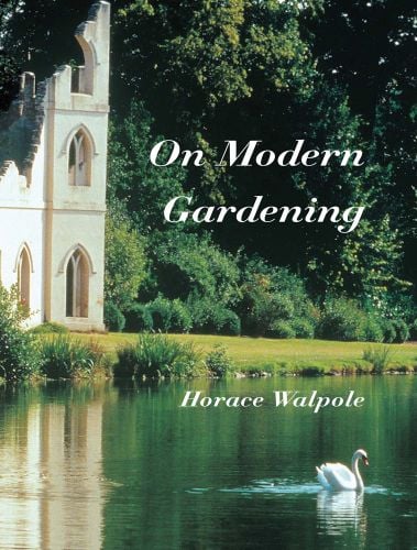 Corner of 'The Ruined Abbey', Painshill Park, lake in front with swan on surface, 'On Modern Gardening', in white font to upper half of cover, by Pallas Athene.