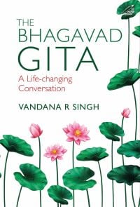 Book cover of The Bhagavad Gita: A Life-changing Conversation, with pink lilies and green lily pads. Published by Niyogi Books.