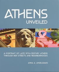 Pot of red flowers sitting on balustrade, Greek female stone head sculpture, mural, on blue cover, 'ATHENS UNVEILED', in white font above.