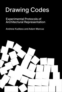 Pile of white cubes on bottom half of black cover of 'Drawing Codes, Experimental Protocols of Architectural Representation', by ORO Editions.