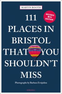 Hot air balloon, to centre of navy cover of 4th edition of '111 Places in Bristol That You Shouldn't Miss', by Emons Verlag.