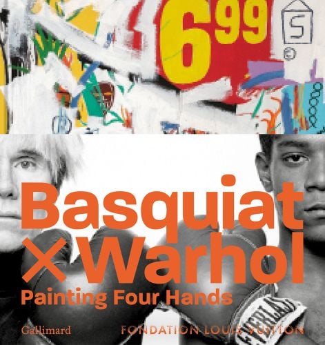 Andy Warhol and Jean-Michel Basquait wearing boxing gloves, on cover of 'Basquiat x Warhol', by Editions Gallimard.