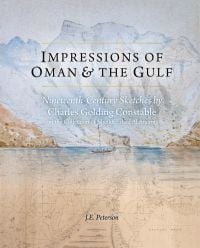 Watercolor painting of coastal land, mountains behind, map below, on cover of 'Impressions of Oman & the Gulf, Nineteenth-Century Sketches by Charles Golding Constable', by Scala Arts and Heritage Publishers.