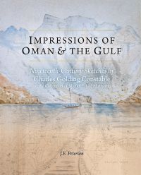 Watercolor painting of coastal land, mountains behind, map below, on cover of 'Impressions of Oman & the Gulf, Nineteenth-Century Sketches by Charles Golding Constable', by Scala Arts and Heritage Publishers.