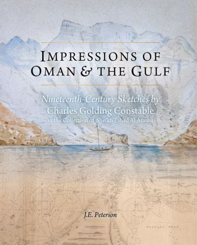 Watercolour painting of coastal land, mountains behind, map below, on cover of 'Impressions of Oman & the Gulf, Nineteenth-Century Sketches by Charles Golding Constable', by Scala Arts and Heritage Publishers.