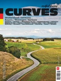 Winding road through fields in southeast Germany, on cover of 'CURVES Deutschlands Südosten / Germany's Southeast', by Delius.