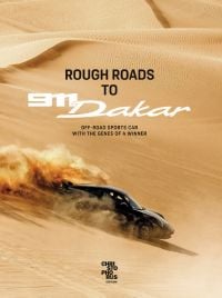 Black Porsche 911 racing down a sand dune in the Dakar desert, on cover of 'Rough Roads to 911 Dakar', by Delius.