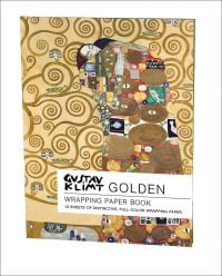 Gold artwork of two lovers 'The Embrace', on front of 'Golden, Gustav Klimt Wrapping Paper Book', by teNeues Stationery.