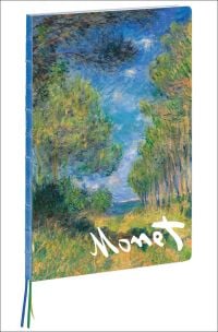 Notebook cover of Pine Tree Path, Claude Monet A4 Notebook, with impressionist artwork of trees and blue sky. Published by teNeues Stationery.