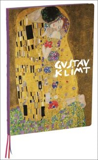 Bright symbolist artwork of lovers in embrace, on cover of 'The Kiss, Gustav Klimt A4 Notebook', by teNeues Stationery.