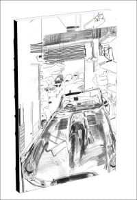 Yve Slater’s graphite sketch of a car in garage, on cover of 'Malcolm and the Mechanics Sketchbook', by teNeues Stationery.