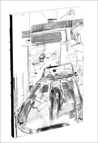 Sketchbook cover of Malcolm and the Mechanics Sketchbook, with Yve Slater’s graphite sketch of a car in garage. Published by teNeues Stationery.