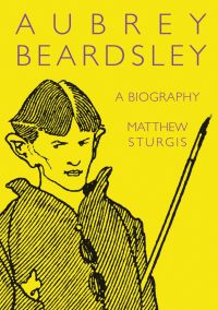 Self-portrait in ink of Aubrey Beardsley, on bright yellow cover, 'AUBREY BEARDSLEY', in lilac font above, by Pallas Athene.