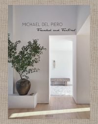 Minimalist interior doorway, white walls, pale wood floor, small tree in bronze pot, on cover of 'Michael del Piero', by Beta-Plus.
