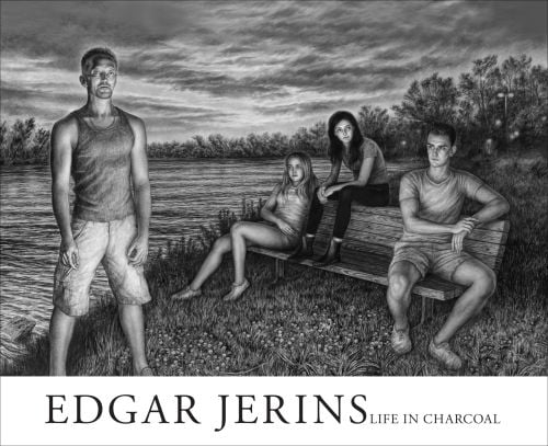 Charcoal drawing titled 'Faculty', three figures on bench, one male standing near river bank, on cover of 'Edgar Jerins, Life in Charcoal', by ORO Editions.