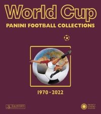 Footballer performing overhead kick in front of large football, with the world to top, on aubergine cover of 'World Cup, Panini Football Collections 1970-2022, Franco Cosimo Panini Editore.
