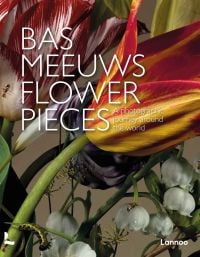 Flower composition: flame coloured tulip, white Lily-of-the-Valley bell-shaped flowers, on cover of 'Flower Pieces, A Photographic Journey Around the World', by Lannoo Publishers.