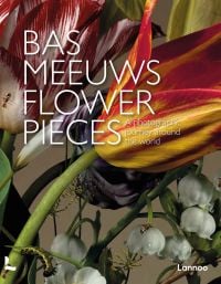 Flower composition: flame colored tulip, white Lily-of-the-Valley bell-shaped flowers, on cover of 'Flower Pieces, A Photographic Journey Around the World', by Lannoo Publishers.