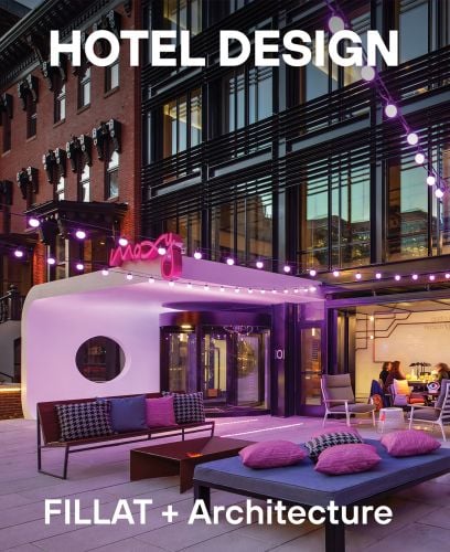 Modern hotel called 'Moxy', in Washington, on cover of 'Hotel Design' by ORO Editions.