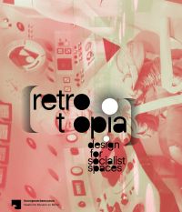 Female sitting at futuristic desk, (pink filter) rotated left, on cover of 'Retrotopia, Design for Socialist Spaces', by Verlag Kettler.