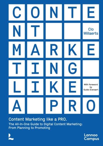 White tiles on blue cover of 'Content Marketing like a PRO, The All-In-One Guide to Content Marketing: From Planning to Promoting', by Lannoo Publishers.