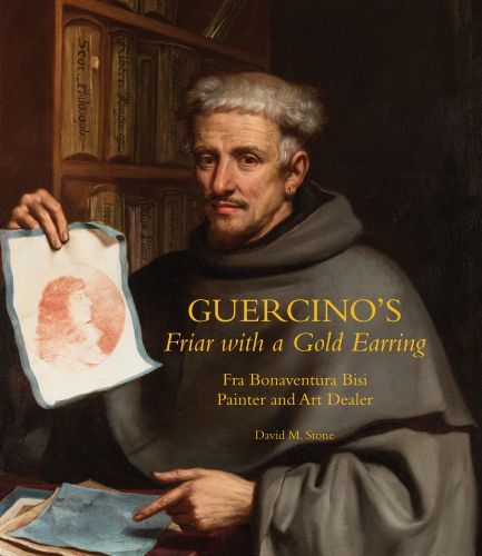 Painting of man in grey robe, holding painting of women in right hand, on cover of 'Guercino's Friar with a Gold Earring, Fra Bonaventura Bisi, Painter and Art Dealer', by Scala Arts.
