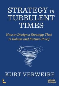 White whirlwind on dark blue cover of Professor Kurt Verweire's 'Strategy in Turbulent Times, How to Design a Strategy that is Robust and Future-Proof', by Lannoo Publishers.