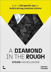 Black diamond shape on grey and yellow cover of 'A diamond in the rough, Over a 100 specific tips to build a strong customer culture', by Lannoo Publishers.