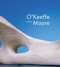 Pale sculpture 'Reclining Figure: Bone', on cover of exhibition catalogue 'O'Keeffe & Moore', by Marquand Books.