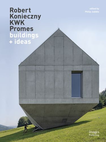 Modern family home resembling an ark, on green hillside, on cover of 'Robert Konieczny: KWK Promes, buildings + ideas', by Images Publishing.