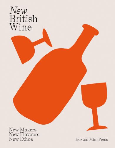 Two orange wine glasses and decanter, on off-white cover of 'New British Wine, New Makers, New Flavours, New Ethos', by Hoxton Mini Press.
